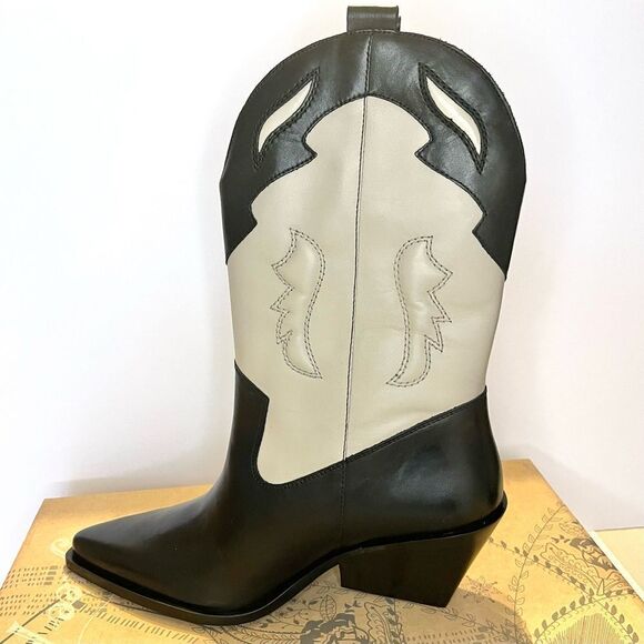 Free People Twin Flames Leather Western Cowboy Boots in Black/Ivory NEW in box - Picture 5 of 15